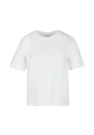Tricou alb cu mânecă scurtă, confecționat din bumbac, cu decolteu rotund și o croială lejeră. Textură netedă, fără modele vizibile sau embellishments.