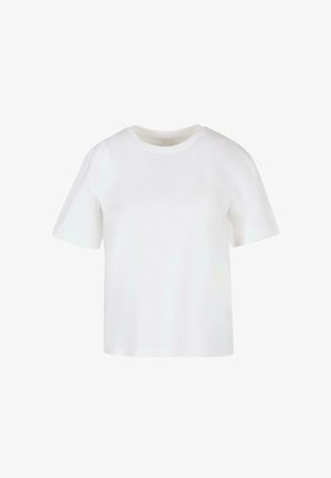 Fehér, rövid ujjú póló, pamutból készült, kerek nyakkivágással és laza szabással. Simább textúra, nincsenek látható minták vagy díszítések.