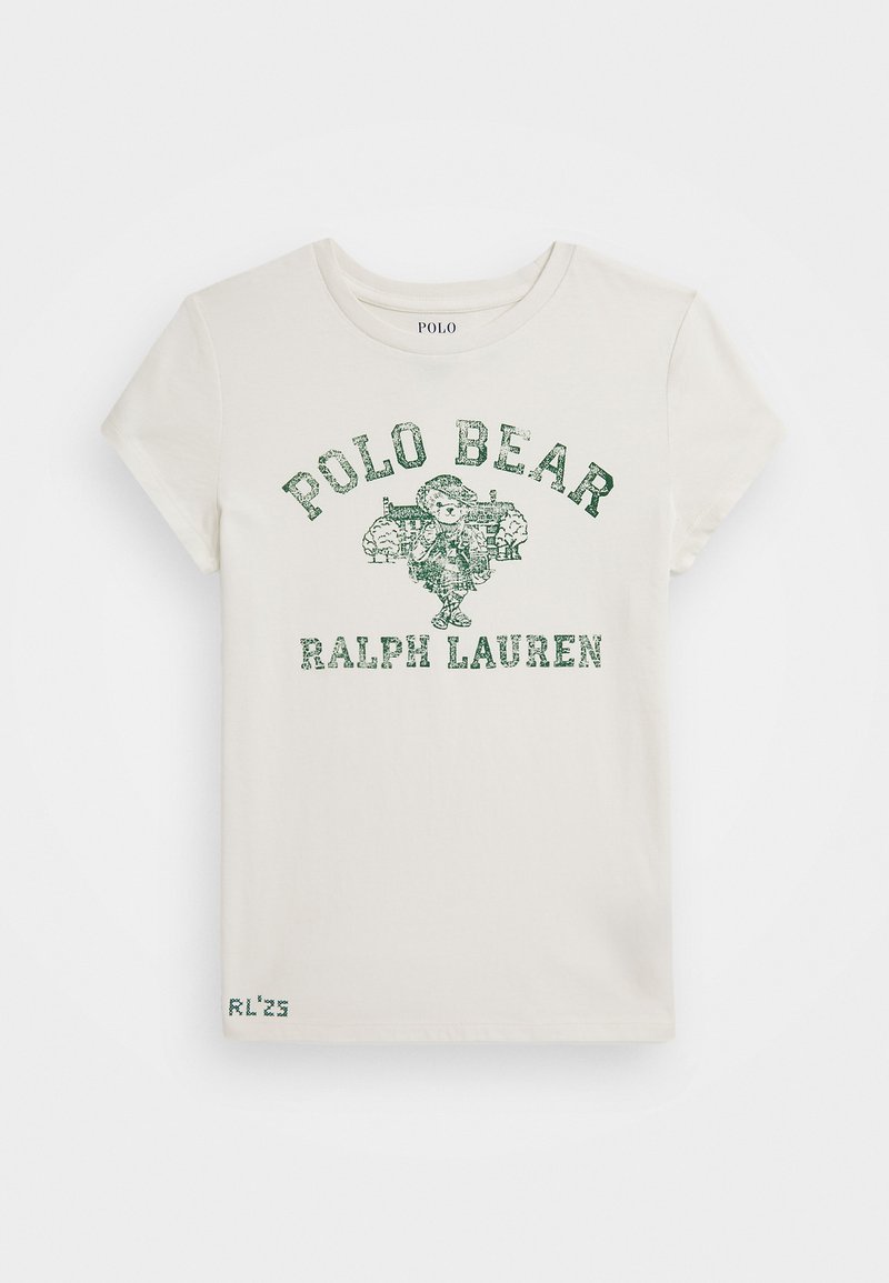 Camiseta de algodón blanca con un gráfico y texto del "Polo Bear" en verde. Manga corta y cuello redondo, con un sutil detalle "RL23" en el dobladillo.