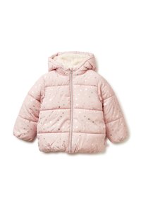 Giacca a puffo rosa con cappuccio, presenterà motivi a cuore argentati, design trapuntato, zip anteriore e una morbida foderatura di colore crema.