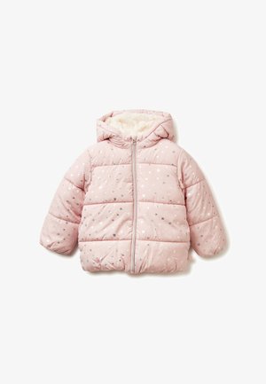 Růžová péřová bunda s kapucí, zdobená stříbrnými srdíčky, prošívaný design, přední zip a měkká krémová podšívka.