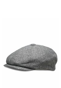 Gray tweed cap with a rounded top, flat brim, and a fabric-covered button at the crown. Textured finish with subtle diagonal patterns.