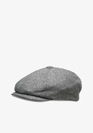 Gray tweed cap with a rounded top, flat brim, and a fabric-covered button at the crown. Textured finish with subtle diagonal patterns.