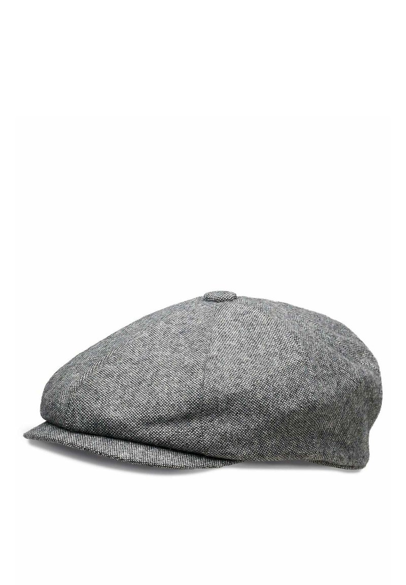 Gray tweed cap with a rounded top, flat brim, and a fabric-covered button at the crown. Textured finish with subtle diagonal patterns.