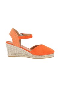 Orange suede wedge sandal with an ankle strap, rounded toe, and woven jute platform. Features textured fabric and a sturdy sole.