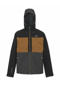 Chaqueta con capucha para hombre en bloques de color negro, marrón y gris, cierre frontal con cremallera, bolsillos laterales con cremallera y cordones ajustables en la capucha.