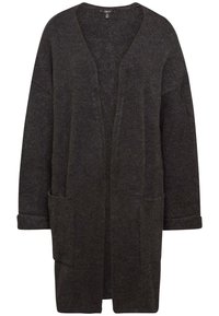 Cardigan long en tricot gris foncé, ouvert sur le devant, avec épaules tombantes, deux poches avant et poignets retroussés.
