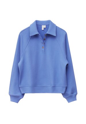 Blauer Pullover mit Kragen, vierknöpfiger Leiste und gerippten Bündchen. Glatte Textur, lockere Passform und Raglanärmel.