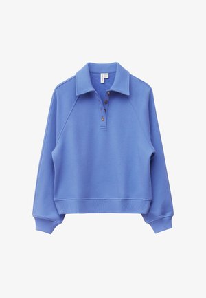 Blauer Pullover mit Kragen, vierknöpfiger Leiste und gerippten Bündchen. Glatte Textur, lockere Passform und Raglanärmel.