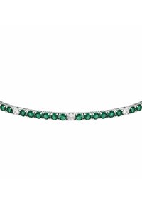 Bracciale con pietre preziose smeraldo e bianche, con montatura in tono argento, pietre taglio rotondo e design curvo per una vestibilità perfetta.