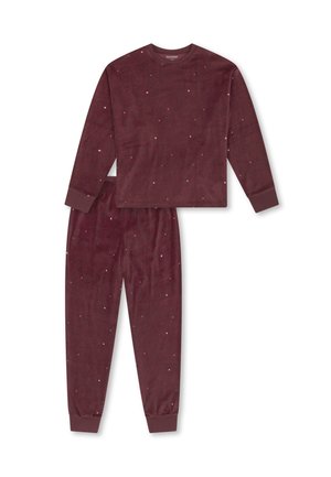 Bordeaux-nAchthemütze aus weichem, plüschigem Stoff. Langärmliges Oberteil und Hose mit elastischem Bund zeigen ein zersprinkeltes Muster aus kleinen, mehrfarbigen Punkten.