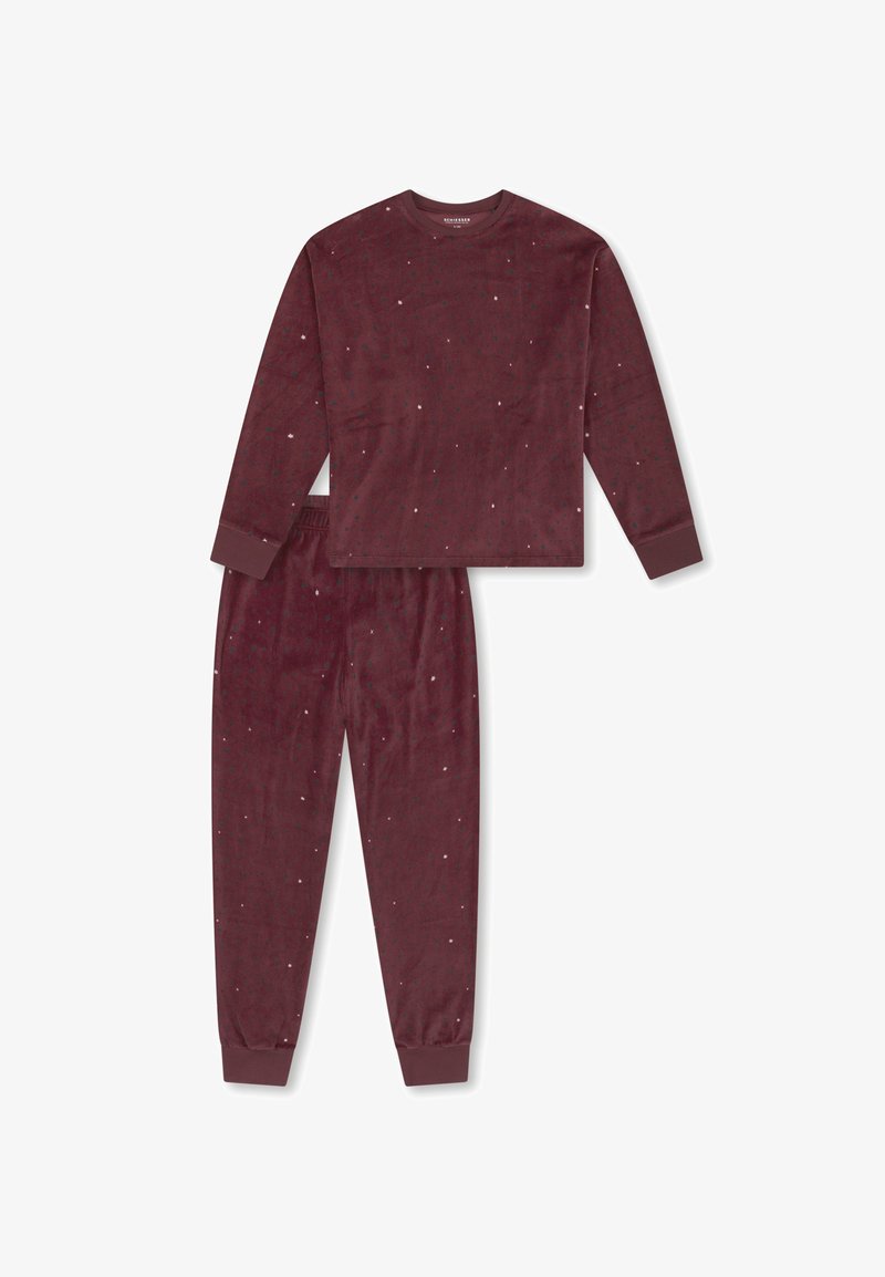 Burgundy pajama set made of soft, plush fabric. Long-sleeve top and elastic-waist pants feature a scattered print of small, multicolored dots.