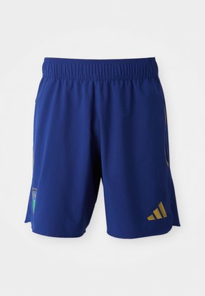 Plave atletske kratke hlače izrađene od laganog materijala. Elastična rupa za struk, sadrži zlatne detalje i brendiranje, s logotipom na lijevoj strani.