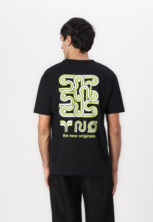 Black cotton t-shirt featuring a bold, abstract design in green and white on the back, with the text “the new originals” at the bottom.