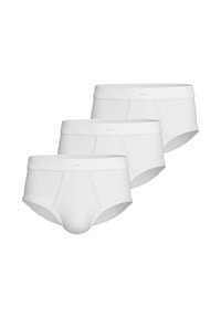 Three pairs of white cotton boxer briefs, featuring a soft waistband and seamless design, with subtle branding on the front.