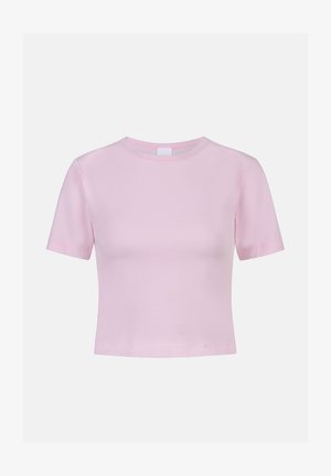 Lichtroze korte mouw crop T-shirt met een ronde hals, afgebeeld op een effen witte achtergrond.