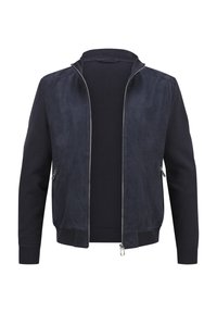 Marinejacke aus einer Kombination von Leder und Strickstoff, mit Stehkragen, Reißverschluss vorne und gerippten Bündchen sowie seitlichen Taschen.