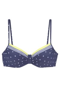 Navy bikini top met witte stippen, heeft een geknoopte middel, dunne verstelbare bandjes en een onderband met gele strepen.