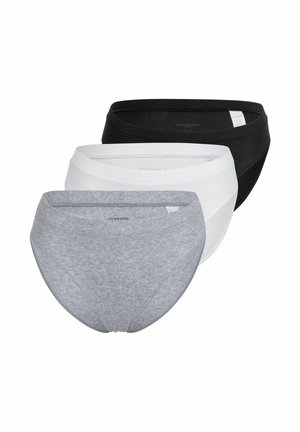Trzy pary damskich majtek w kolorach szarym, białym i czarnym. Wykonane z miękkiego, elastycznego materiału z gładką talią i minimalnym przeszyciem.