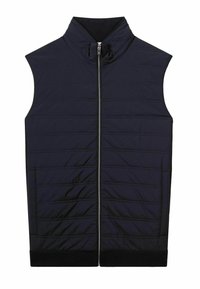 Vesta fără mâneci de culoare bleumarin, cu guler înalt, fermoar frontal, textură cu quilt și tiv rib knitted de culoare neagră. Prezintă detalii cu coasere orizontale.