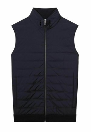 Gilet senza maniche blu navy con colletto alto, zip frontale, trama trapuntata e orlo a coste neri. Presenta dettagli di cucitura orizzontale.