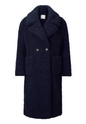 Cappotto doppiopetto blu navy realizzato in materiale testurizzato e morbido. Presenta grandi tasche e un ampio colletto. Inclusi dettagli con bottoni silver.