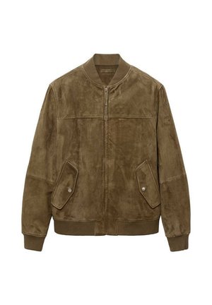 Veste bomber en suede marron avec une fermeture éclair à l'avant, col et poignets côtelés, deux poches latérales et une texture lisse.