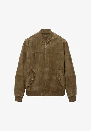 Veste bomber en suede marron avec une fermeture éclair à l'avant, col et poignets côtelés, deux poches latérales et une texture lisse.