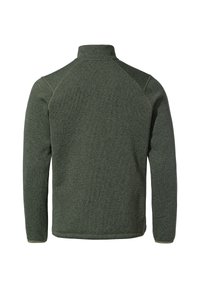 Grüner, langärmeliger Pullover aus strukturiertem Stoff, mit hohem Kragen und Raglanärmeln, versehen mit minimalistischem Nähdetails.