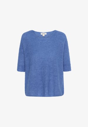 Zils, īsām piedurknēm pavilkums mīkstā, tekstūrētā adījumā. Apskatāms ar apaļu kakla izgriezumu un brīvu piegriezumu. Uz etiķetes rakstīts "soaked."