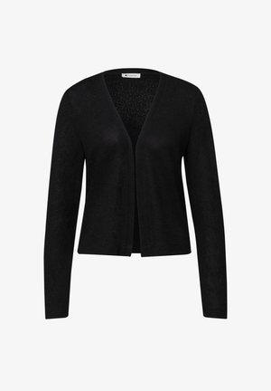 Cardigan noir ouvert à l'avant avec manches longues et tissu en maille lisse unie, présenté sur un fond blanc.