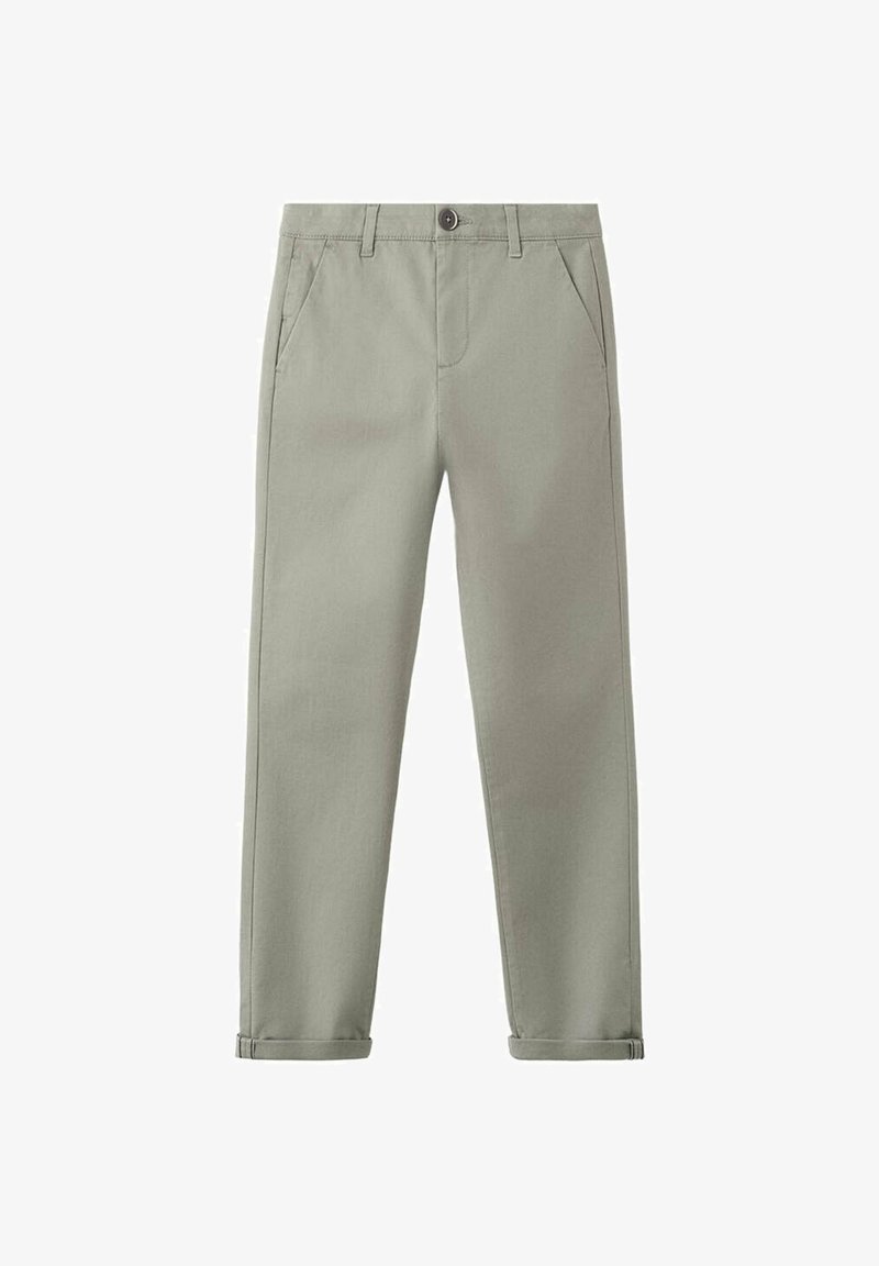 Pantalon kaki coupe droite avec passants pour ceinture, fermeture frontale à boutons, poches latérales inclinées et poignets à l'ourlet.