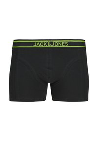Boxers en coton noir avec une ceinture élastique verte contrastante portant le logo "JACK & JONES", conçus pour le confort et l'ajustement.