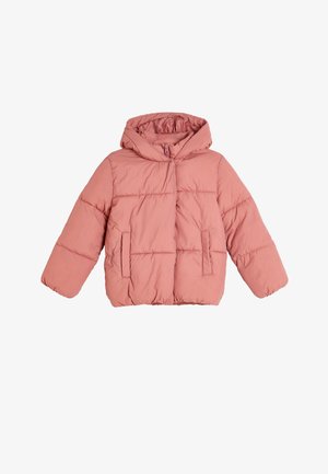 Vaaleanpunainen untuvatakki hupulla, jossa on suorakulmainen malli, joustavat hihansuut, kaksi etutaskua ja sileä, kiiltävä pinta.