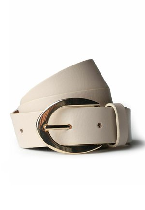 Beige leather belt coiled with a shiny gold oval buckle and pin, lying on a white surface.