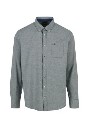 Camicia button-up a scacchi verde scuro e bianca, maniche lunghe, colletto, taschino singolo e texture del tessuto visibile.