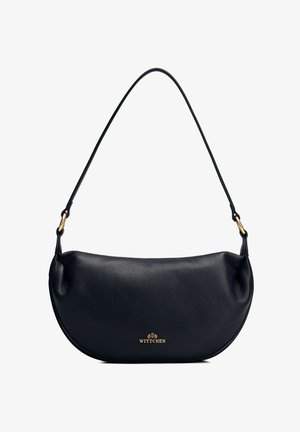 Černá kožená ramenní taška ve tvaru půlměsíce se zlatými kovovými doplňky a raženým logem Wittchen na přední straně.