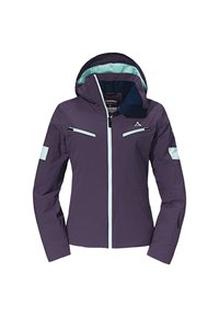 Fialová nepromokavá bunda s kapucí, která má světle modré detaily, dvě přední kapsy na zip a štíhlý střih.