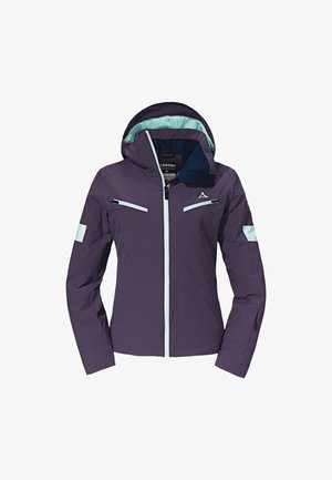 Purple waterproof jacket with a hood, featuring light blue accents, two zippered front pockets, and a slim fit design.