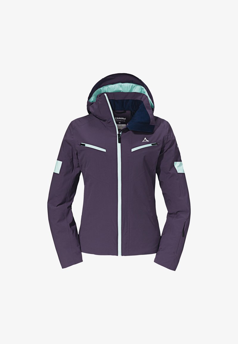 Fialová nepromokavá bunda s kapucí, která má světle modré detaily, dvě přední kapsy na zip a štíhlý střih.