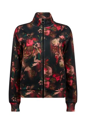 Sort lynlåstrøje med blomsterprint og høj krave, prydet med røde, pink og grønne blomster samt lange ærmer med ribkanter.