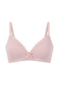 Mjuk rosa behå med ribbat mönster, spetsdetalj längs halsringningen och en liten rosett i mitten fram. Justerbara remmar.