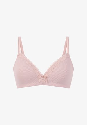 Soutien-gorge rose doux avec texture côtelée, dentelle le long de l'encolure et un petit nœud au centre devant. Bretelles ajustables.