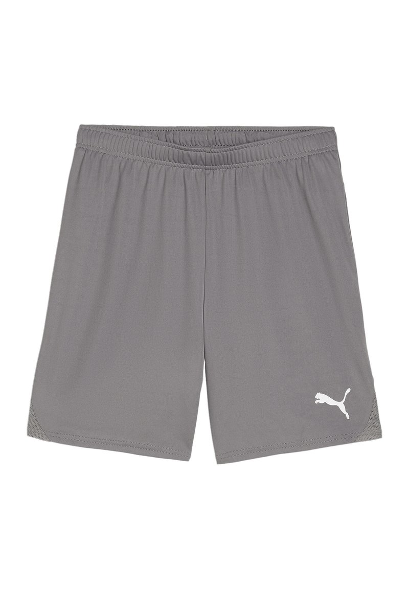 Graue Sportshorts aus einem leichten Stoff, mit einem elastischen Bund und einem weißen Puma-Logo auf der linken Seite.