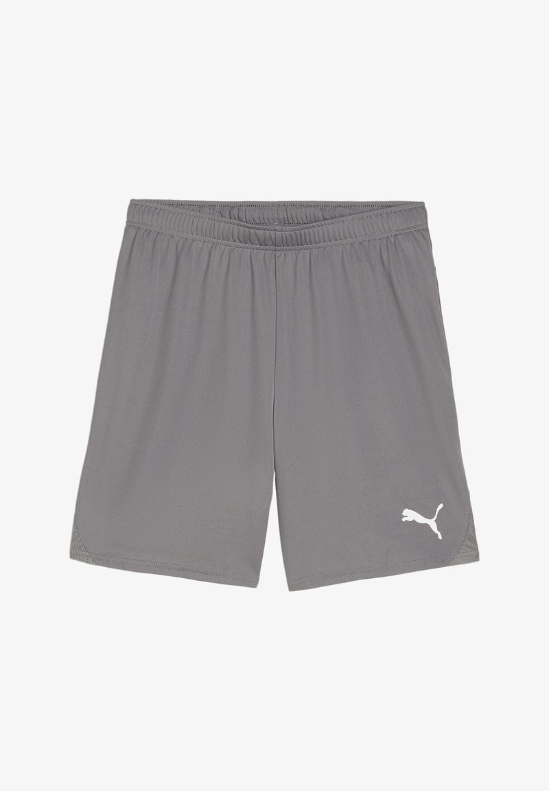 Graue Sportshorts aus einem leichten Stoff, mit einem elastischen Bund und einem weißen Puma-Logo auf der linken Seite.