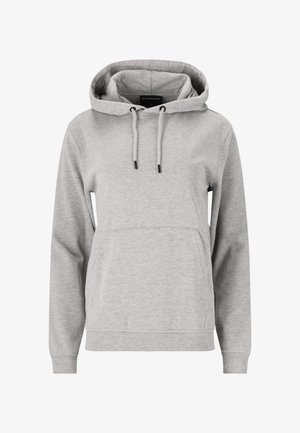 Grauer Kapuzenpullover aus weichem Stoff, mit einer Kängurutasche, Kordelzugkapuze sowie gerippten Bündchen und Saum. Schlichtes, lässiges Design.