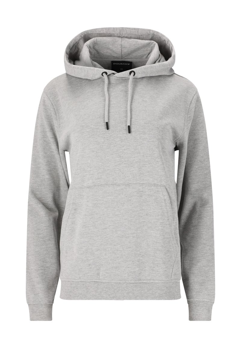 Grijze hoodie gemaakt van zachte stof, met een kangoeroezak, trekkoordcapuchon en ribbels aan de mouwen en onderkant. Eenvoudig, casual ontwerp.