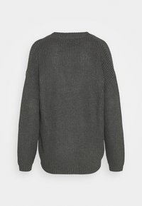 Dark gray knit sweater with a textured finish, featuring long sleeves, a crew neck, and ribbed cuffs and hem. Simple, oversized design.