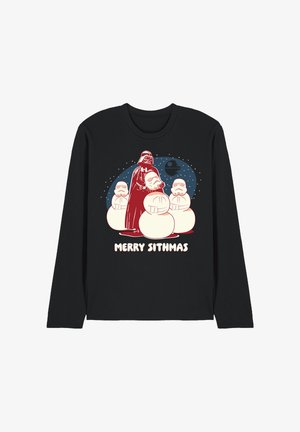 Schwarzes Langarmshirt mit Darth Vader und drei Sturmtruppen-Schneemännern, im Hintergrund der Todesstern, und dem Text "Frohe Sithsmas" darunter.