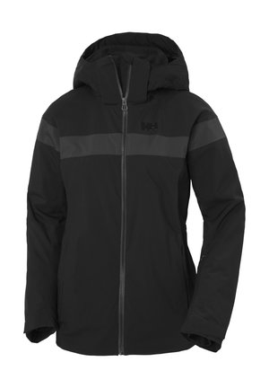 Schwarze Jacke mit Reißverschluss vorne, Kapuze und zwei farblich abgestimmten Streifen über der Brust. Hergestellt aus witterungsbeständigem Material mit glatter Textur.